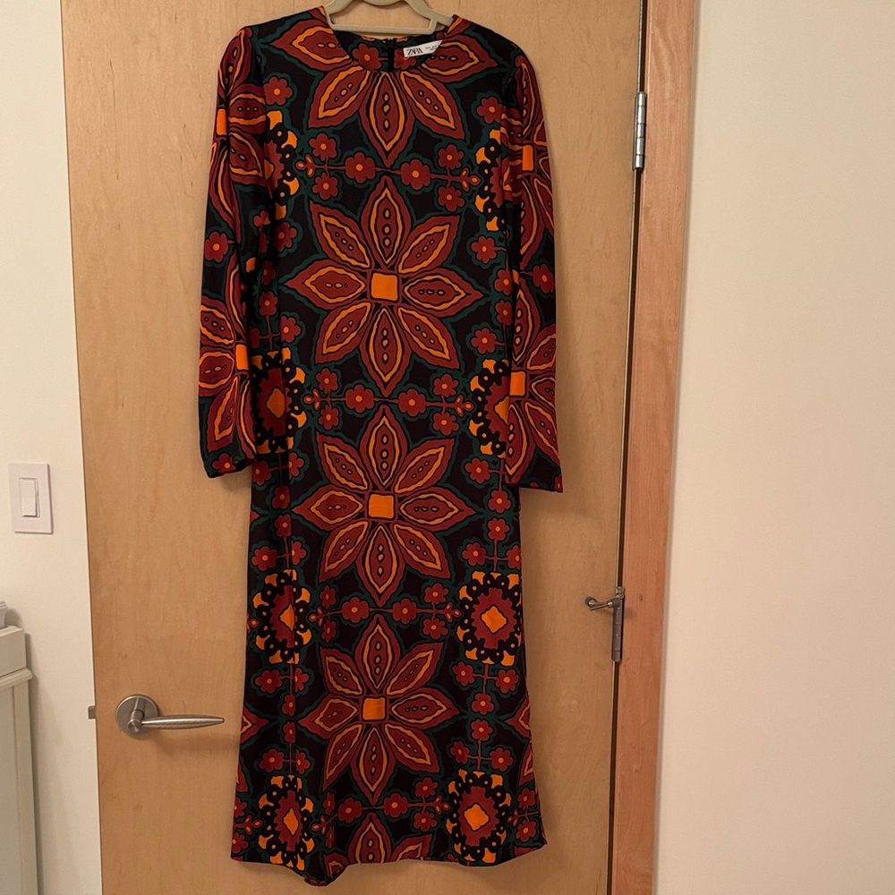 Floral Geometric Patterned Long Sleeve Dress